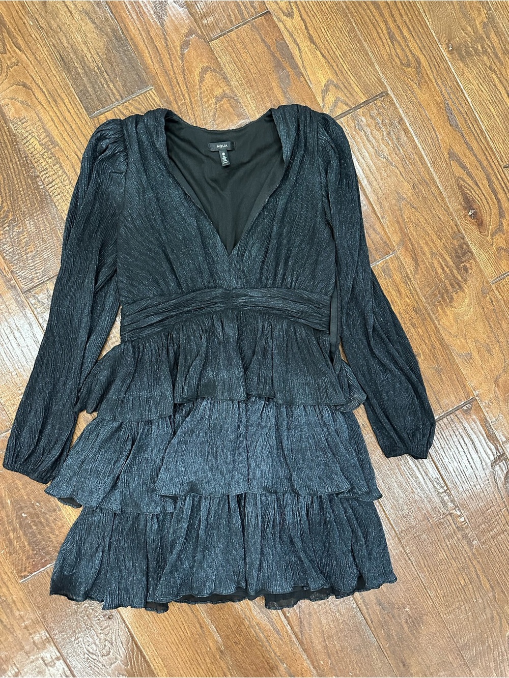 Aqua Black Tiered V-Neck Long Sleeve Ruffle Dress